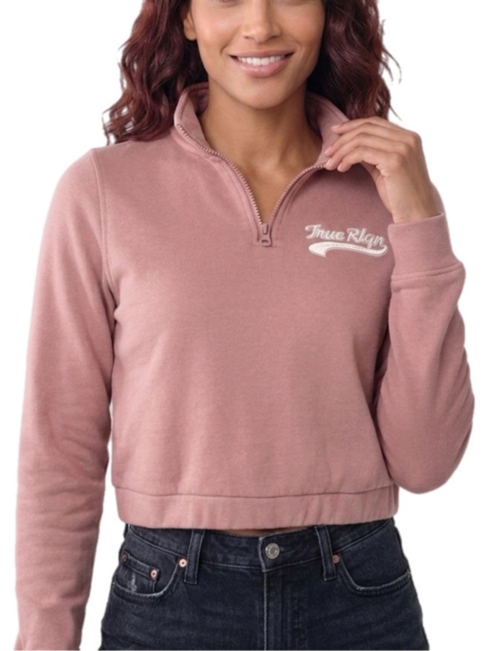 True Religion | Flock Mock Neck Quarter-Zip Pullover Light Pink Sweatshirt